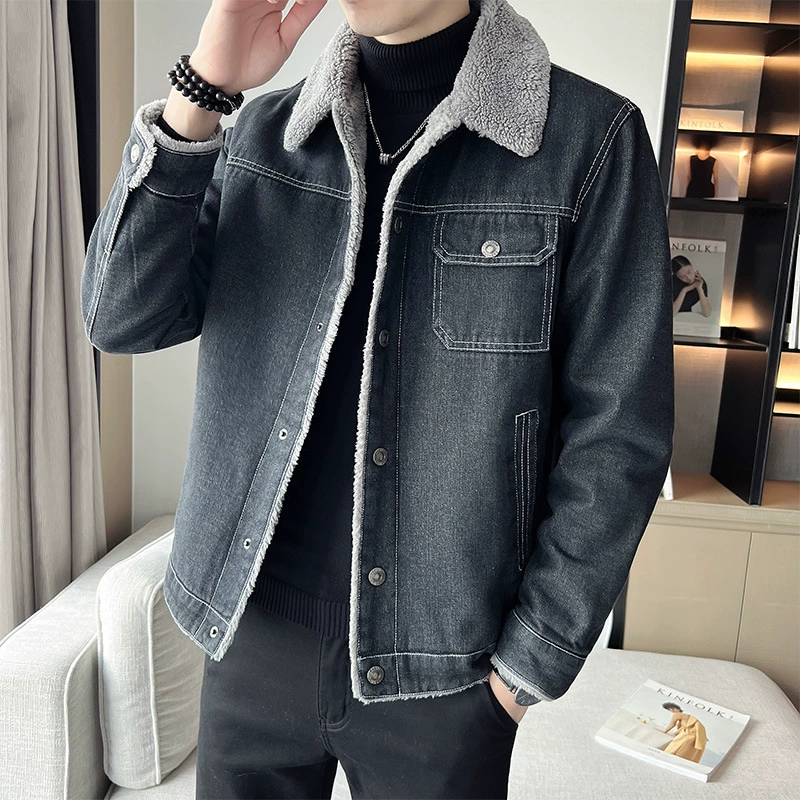 Новая зимняя мужская утепленная куртка из шкуры ягненка, джинсовый топ с лацканами на флисовой подкладке, Повседневная модная куртка больших размеров