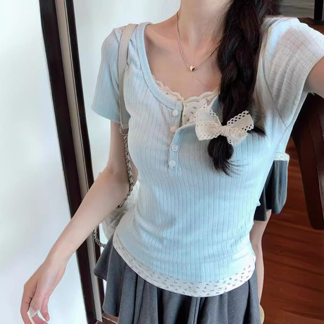 baby蓝纯欲碎花短袖t恤女夏季修身显瘦小清新辣妹叠穿打底衫上衣