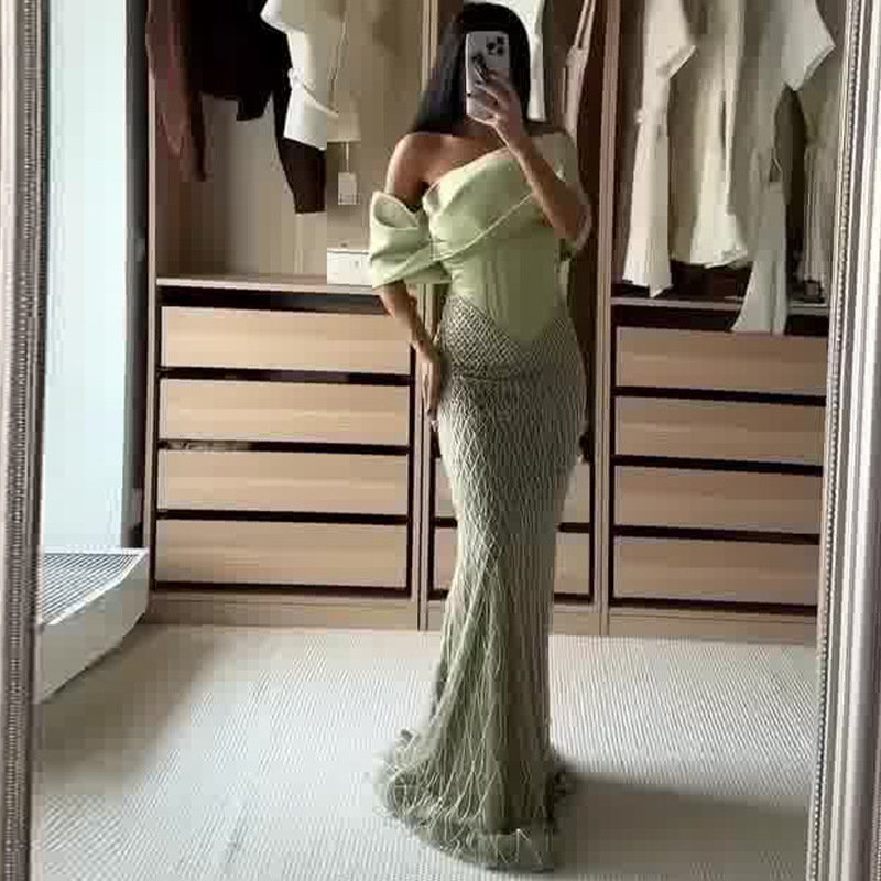 2025 New Foreign Trade European and American Amazon Cross-Border Women's Light Green Patchwork Asymmetrical Collar Elegant French-Style Dress