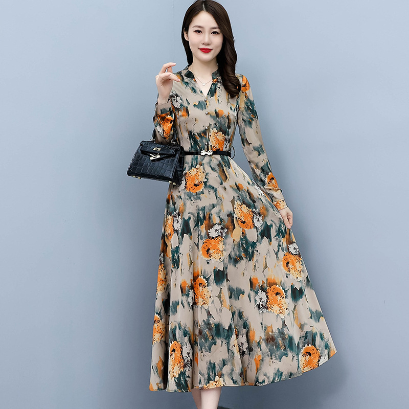 Spring 2023 New Long Sleeve Acetate Satin Printed dress Slim-fit Fashionable Elegant Midi Dress Women