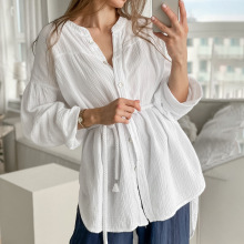 秋季欧美绉纱纯棉系带衬衫女外贸宽松中长款立领长袖开衫上衣女装