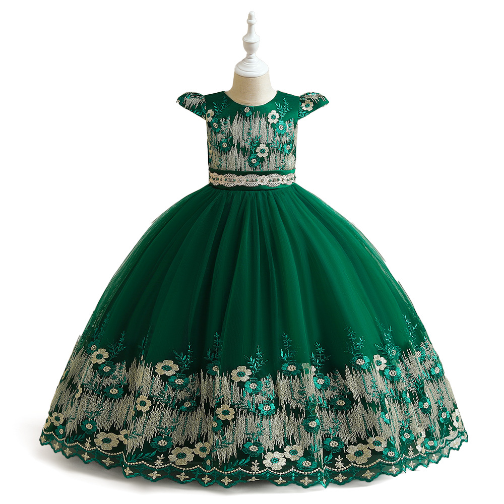 Nueva ropa infantil transfronteriza en stock, vestido formal para niñas, vestido de princesa, malla bordada, para desfile, atuendo para actuación de piano para niñas pequeñas.