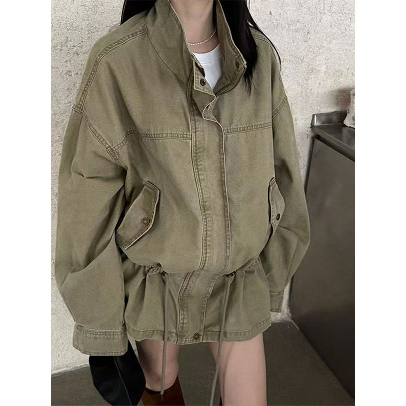 Early Spring American Retro Distressed White-Washed Drawstring Waist-Cinching Jacket, Slim-Fit Workwear Lapel Coat for Petite Figures Early Spring American Retro Distressed White-Washed Drawstring Waist-Cinching Jacket, Slim-Fit Workwear Lapel Coat for Petite Figures