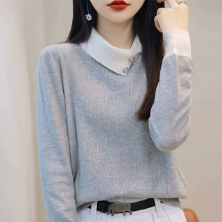 翻领毛衣内搭上衣外穿百搭时尚打底衫女秋冬新款宽松洋气针织衫