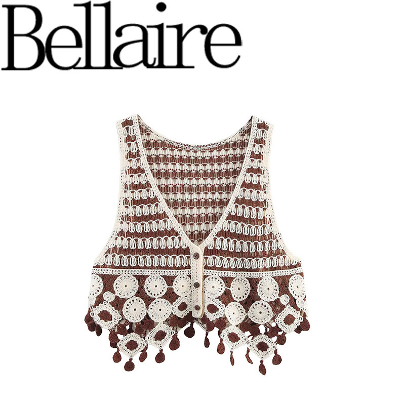 Za Export Wholesale European and American Style French Women's Clothing Retro Literary Style Cut Out Crochet V-Neck Tassel Vest