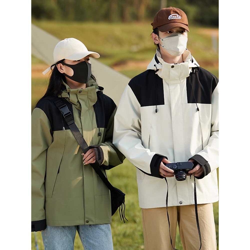 New Spring/Autumn Couple Outdoor Color Block Jacket, Windproof, Waterproof, Loose Fit, Thin, Unisex Windbreaker/Outerwear