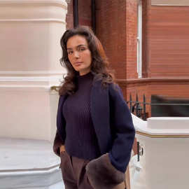 欧美跨境2026春季新皮草袖口系带外套高级气质名媛系带毛呢外套女