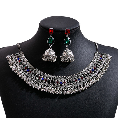 European and American personalized bell water drop tassel earrings, high-end full diamond dinner necklace, square geometric jewelry set