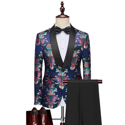 Men's jazz dance blazer dress suits  Casual Suit Set for Men Slim Fit Blue Fruit Collar Jacquard Host Ceremony Dress