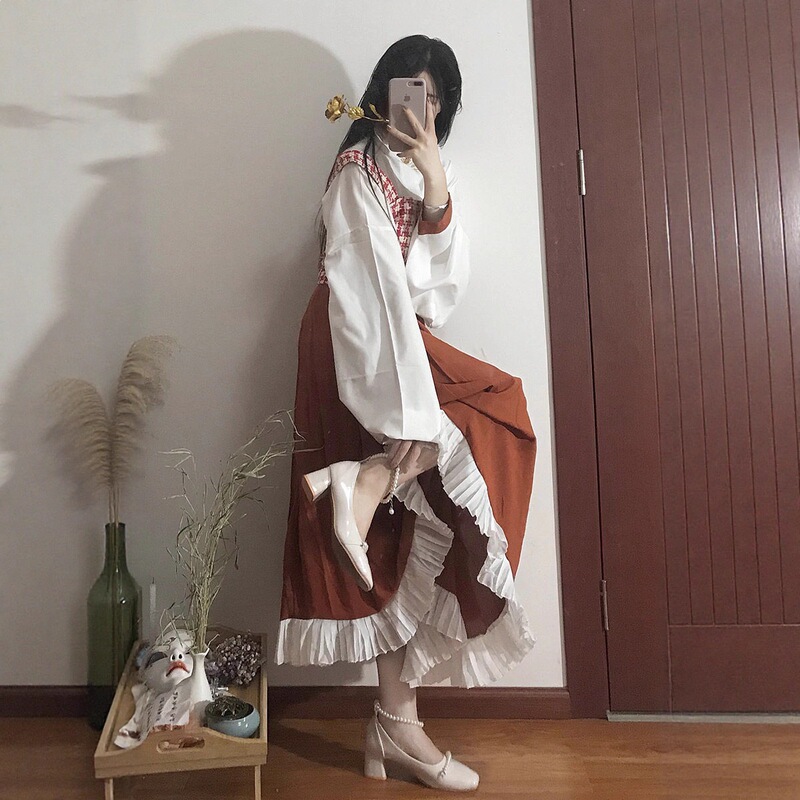 Night Star Lan's Original Improved Hanfu Three-Piece Set with Han Elements, Including a Stand-Collar Long-Sleeve Top, Vest, and Long Skirt, Suitable for Daily Work Wear in Autumn