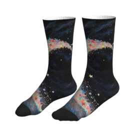 POD印花纯黑底色彩虹流星银河中筒袜
