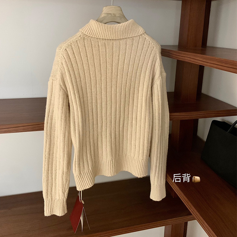 WGWE7198小吸睛设计感翻领毛衣坑条宽松韩系慵懒针织上衣|undefined
