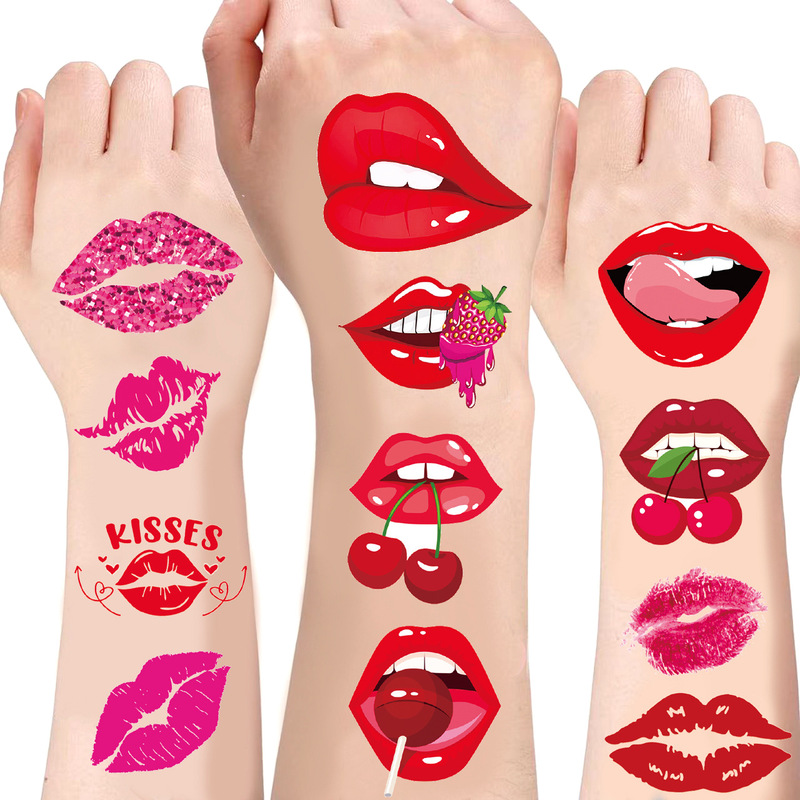 Cross-Border New Valentine's Day Lip Tattoo Stickers for Men and Women Couples Lip Prints Heart Red Lips Kiss Temporary Tattoo Stickers
