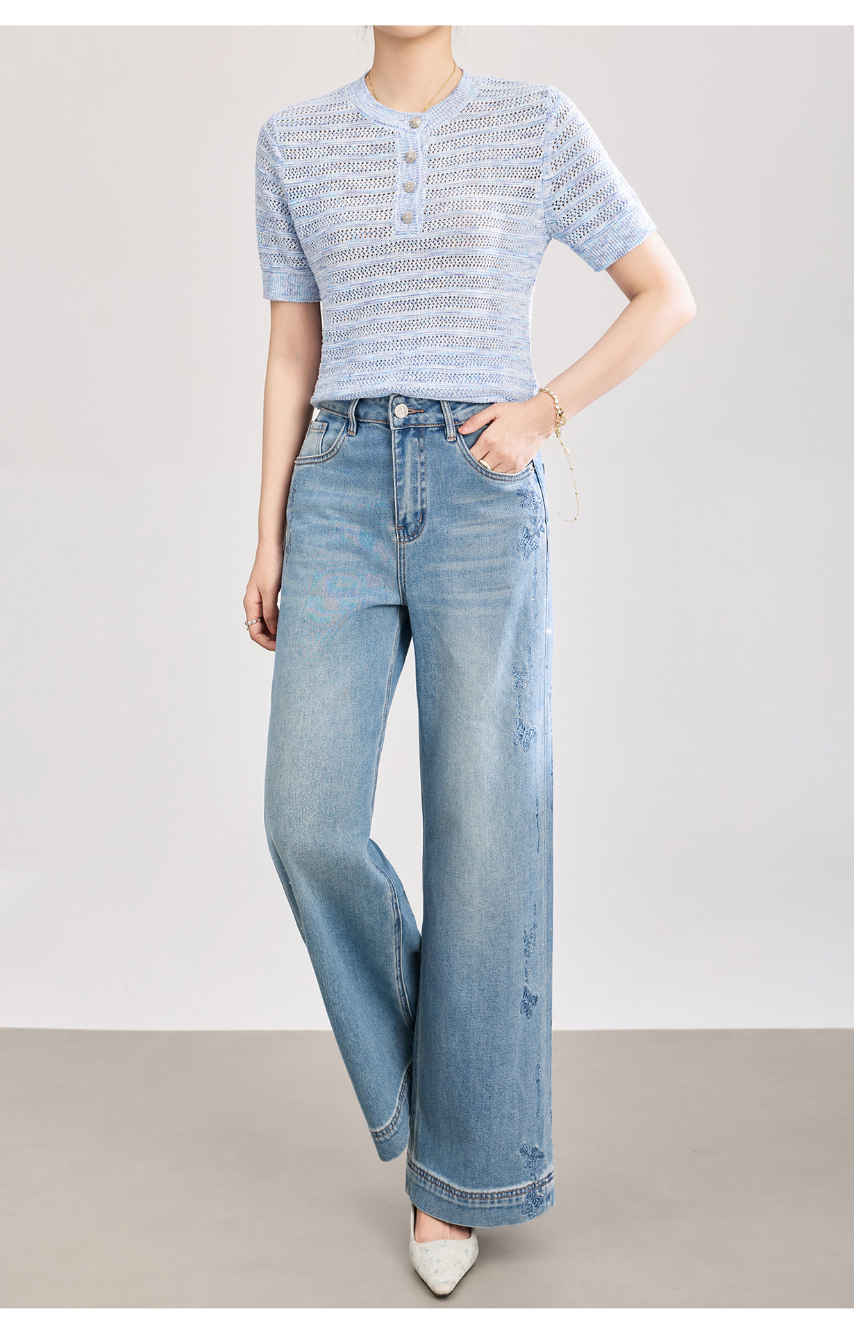 Quần jean nữ ống rộng chất liệu cotton phối lụa, thêu bướm đính kim cương — xanh lam chi tiết 21