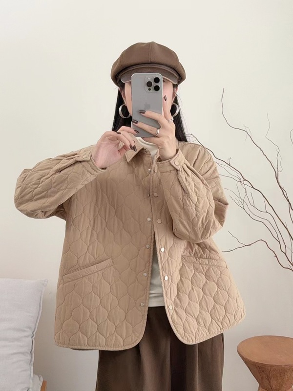 古咖服饰秋冬菱格绗线夹棉棉服女式文艺纯色翻领长袖宽松上衣外套|undefined