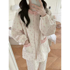 实拍2026秋冬睡衣女加厚夹丝棉家居服小碎花花边长袖圆领套装女