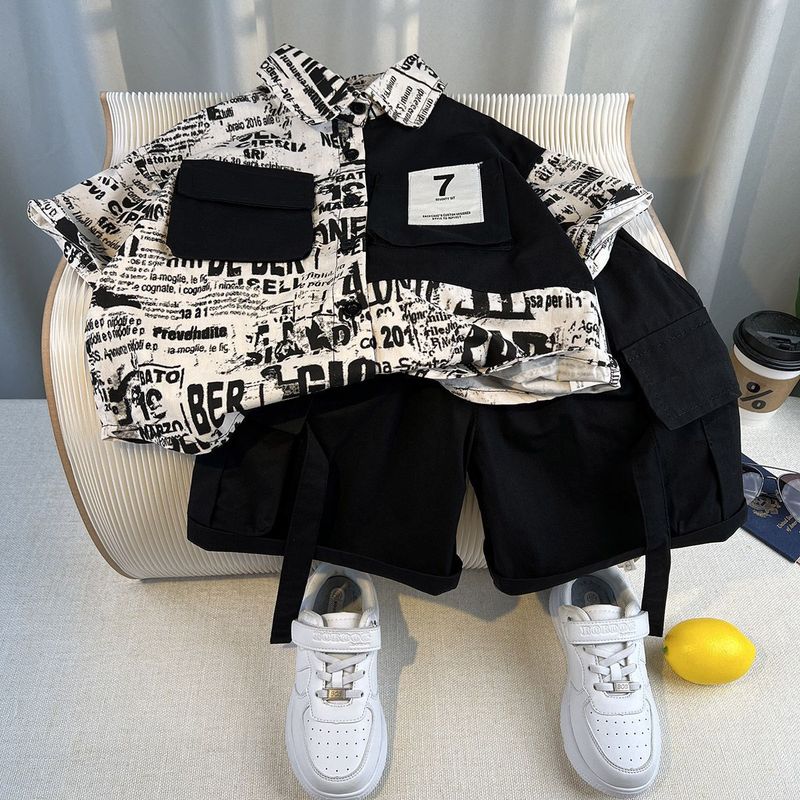 子供スーツ男の子ハンサム半袖シャツツーピース子供服新しいトレンディでクールな男の子の夏の薄い服|undefined