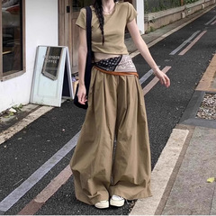 2025 新しい夏の韓国スタイルスリムファッション半袖 Tシャツシルクスカーフワイドレッグフロアモップパンツカジュアルパンツ 3 点セット女性のための