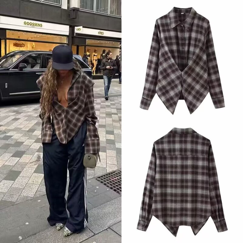Za Cross-Border Export Spot 2025 European and American Style Summer Fashion Women's Loose Lapel Waist Long-Sleeved Plaid Shirt