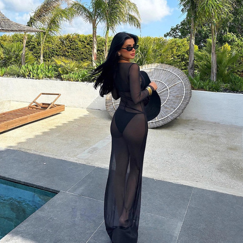 2025 European and American Style Summer Sexy Women's Bodysuit Sheer Mesh Off-the-Shoulder Long-Sleeve Long Dress
