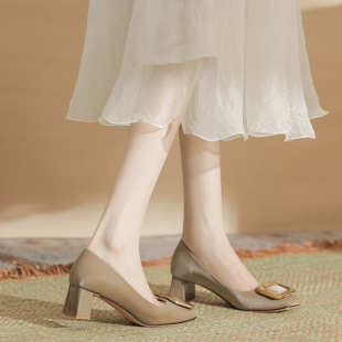 H988-3 square toe high heels women's high silk suede sheepskin insole elegant women's shoes square buckle French chunky heel shoes