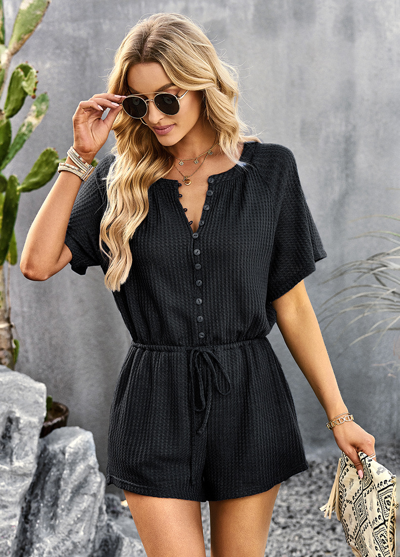 Loose Version Solid Color Pattern Summer Season Women's Daily Street Casual Streetwear Solid Color Shorts Button Rompers