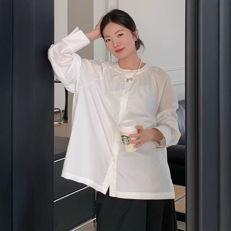 Women's Clothing 2026 Spring New Style Cotton Long-Sleeved Floral Shirt with Design Elements, Round Neck, Casual Loose Top