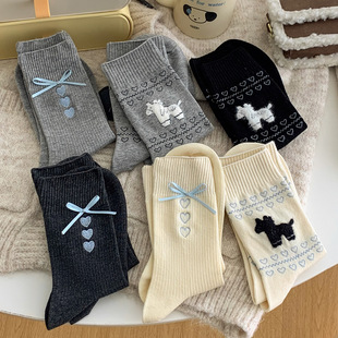 suxinaimin gray socks Korean embroidery love tube socks miu blue ribbon bow pile socks