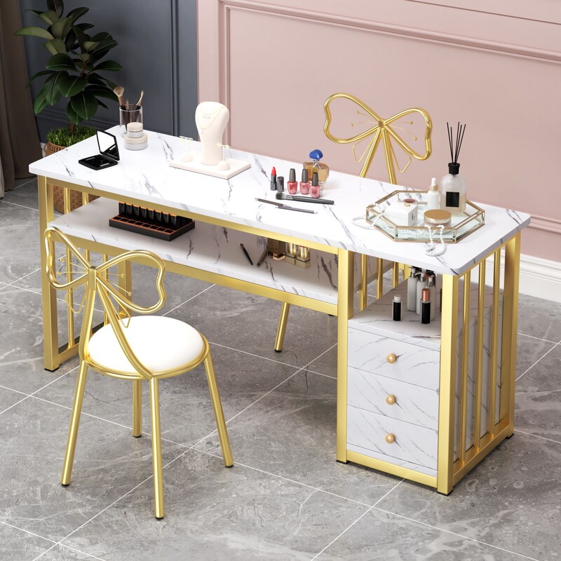 Nail table for studio use, double-seater, wholesale from manufacturer, marble-patterned with drawer storage table for nail salons Nail table for studio use, double-seater, wholesale from manufacturer, marble-patterned with drawer storage table for nail salons