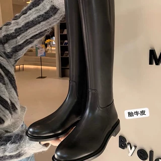 牛皮版~真皮显瘦侧拉链骑士靴女粗跟英伦显瘦不过膝长靴高筒马靴