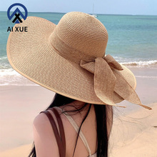 超大帽檐草帽女士夏季防晒大沿帽海边蝴蝶结沙滩帽遮阳帽子太阳帽