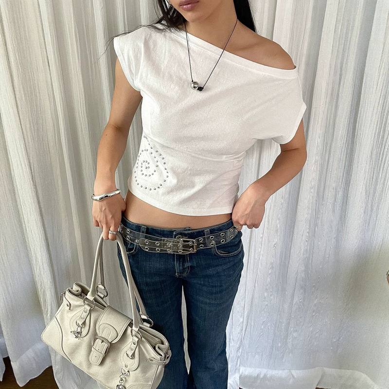 New Summer Short-Sleeve Slim-Fit Spicy Girl Off-Shoulder Top for Women, Stylish Summer Solid Color Versatile T-Shirt