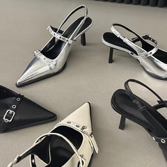 2023春夏新款尖頭高跟鉚釘涼鞋包頭後空淺口鉚釘時尚百搭單鞋女鞋