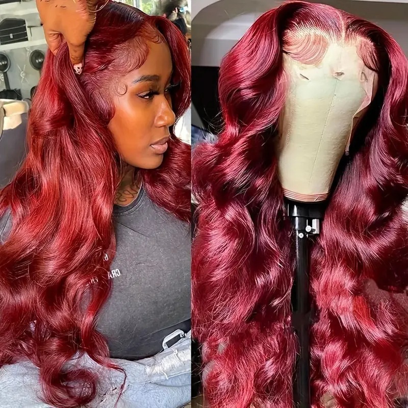 Burgundy Front Lace Wig 13 X 4 Full Head Long Wavy Curls Synthetic Hair Extension European And American Fashion_voghion.com