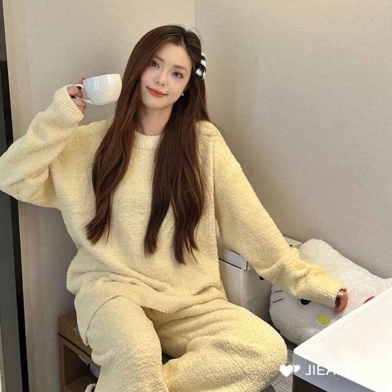 Ins Korean Style Casual Solid Color Half Velvet Pajamas Women's Winter New Thick Warm Knitted Pants Home suit