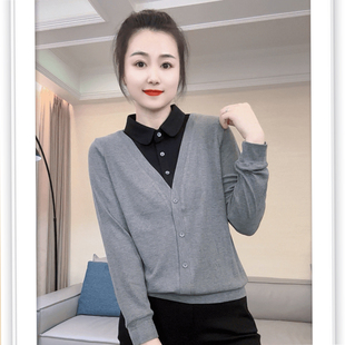 2024 Contrast Color Autumn New Korean-style Fashion Stitching Fake Two-piece Long-sleeved Women's Base Shirt All-match Shown