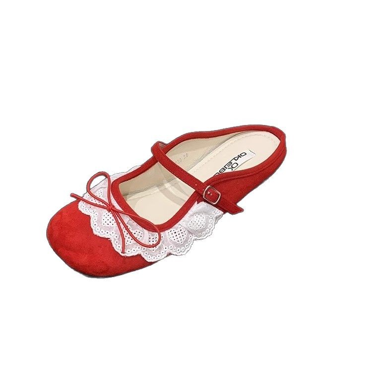 Retro pequeño ballet rojo encaje Baotou medias pantuflas zapatos de mujer ropa exterior 2025 primavera y verano zapatos Mary Jane