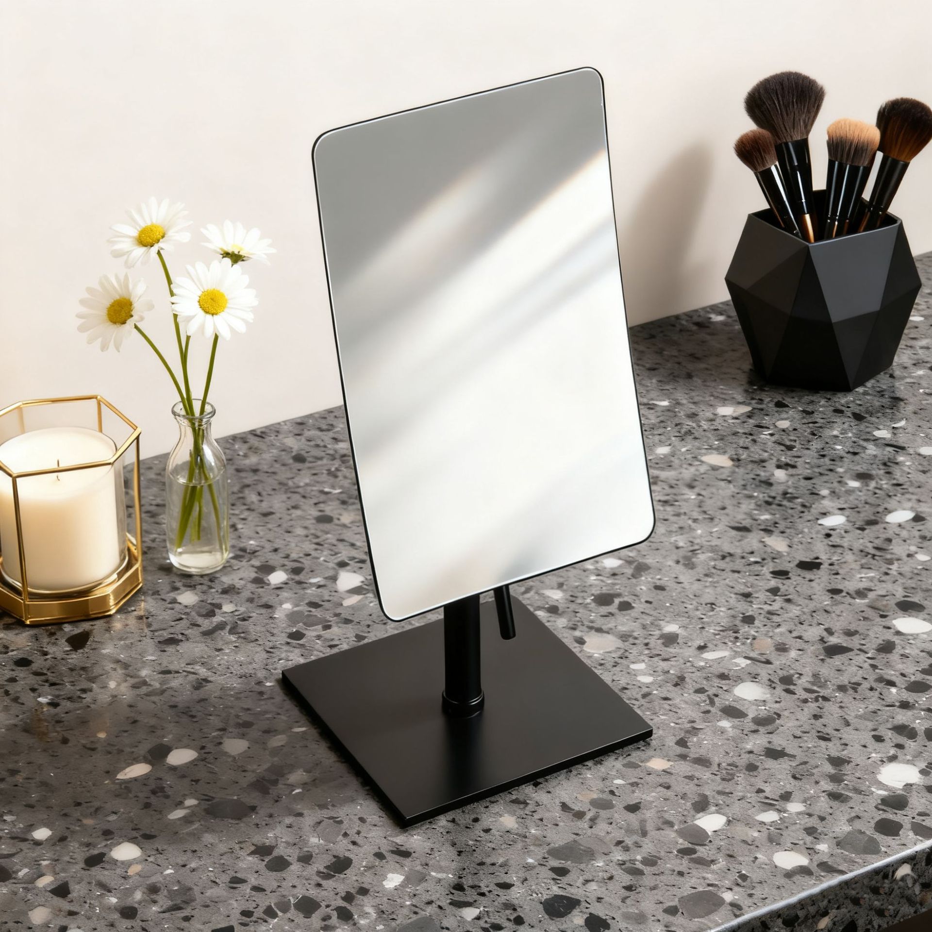 Big Brand Alternative Desktop Makeup Mirror, Adjustable Height, Square Single-Sided Magnifying Bathroom Stainless Steel Beauty Mirror