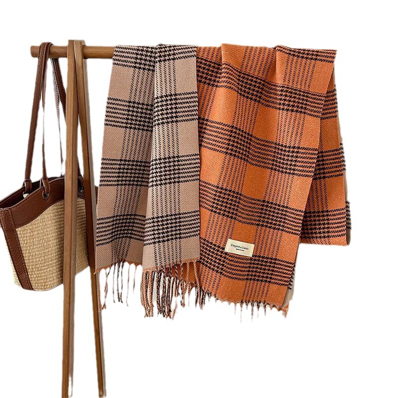 Autumn and Winter Classic I mitation Cashmere Line Grid Double sided Tassel Scarf Versatile Women's Sweet Korean Version_voghion.com