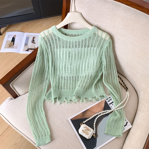 Summer and Autumn New Arrival Design Short Sleeve Sun Protection Air Conditioning Top Casual Gray Lace Embroidery Fringe Knit Cardigan Women