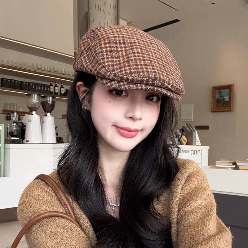 复古格子前进帽女秋冬百搭英伦风反戴毛呢鸭舌帽保暖贝雷画家帽|undefined