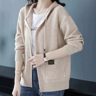 欧美女士高级感连帽毛衣外套女宽松拉链针织开衫秋冬女装毛衣