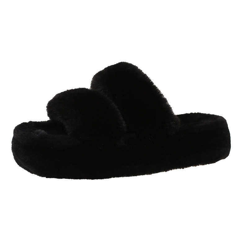 Open Toed Hairy Slippers For Women In Autumn And Winter, New Style For Outdoor Wear, Warm And Thick Soled, Double Straps, Outdoor Cotton Slippers_vogvips.com
