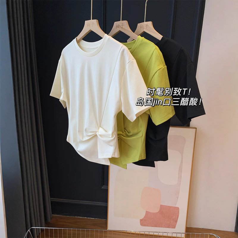 Trendy and Unique T-Shirt! Designed Japanese Jin Imported Triacetate Tencel Short-Sleeve Solid Color Waist-Cinching Design T-Shirt for Women