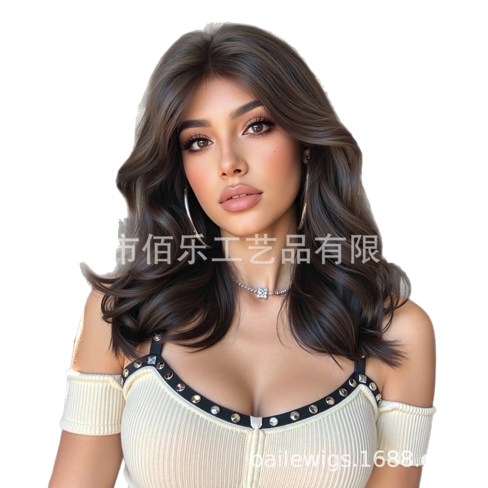 Perucas europeas y americanas negras marrones hombros cabello rizado largo con franges cubierta de cabello de fibra química de cabello de mujer al por mayor en stock transfronterizo
