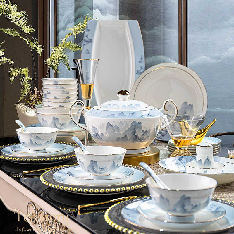 Керамический сервиз (Qianli Jiangshan) фарфор с пейзажным рисунком, многофункциональный набор