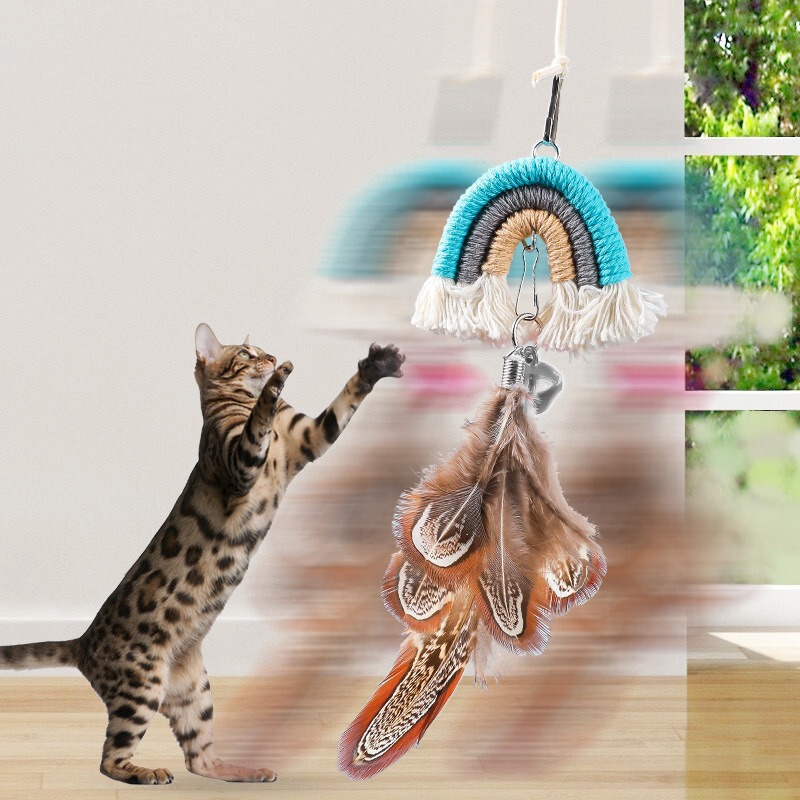 猫のおもちゃ、自己刺激と退屈解消、ドア吊り下げ弾性羽猫スティック、ベルスイング、小さなネズミ猫用品|undefined