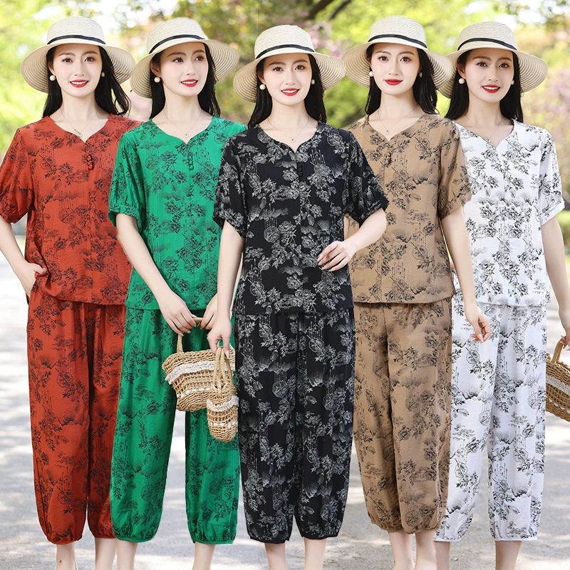 Мама одеваются в этнический стиль повседневный костюм среднего и пожилого возраста с короткими рукавами женская одежда свободный новый большой размер моды иностранный костюм из двух частей