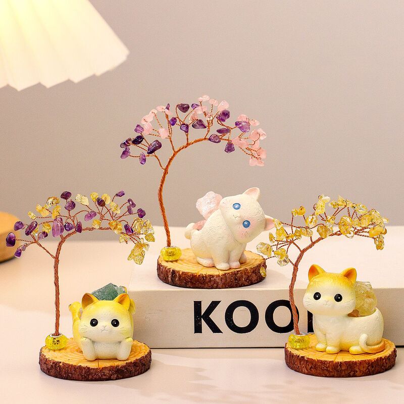 Cat Crystal Money Tree Ornament Yellow Amethyst Tree Home Living Room Entrance Decoration Cultural and Creative Gift Money Tree