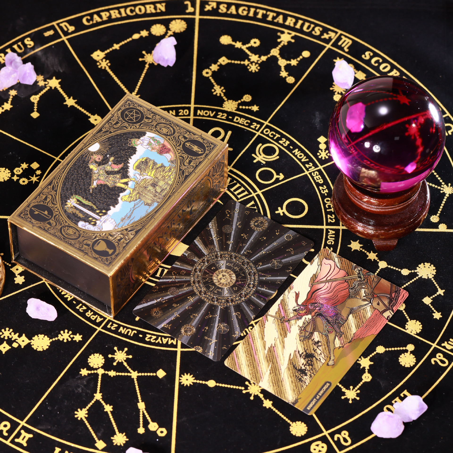 Suministro transfronterizo de lámina de oro Tarjeta de tarot Carlo tarjeta Torre libro tarot impresión en color PVC impermeable manual juego de mesa mantel